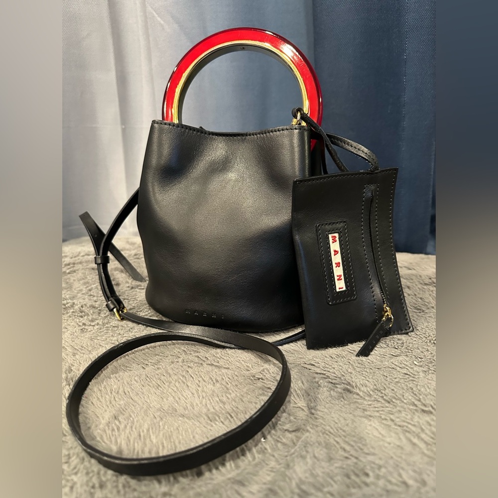 ❗️SOLD❗️Marni Black Leather Bucket Bag with Bold Red Accent